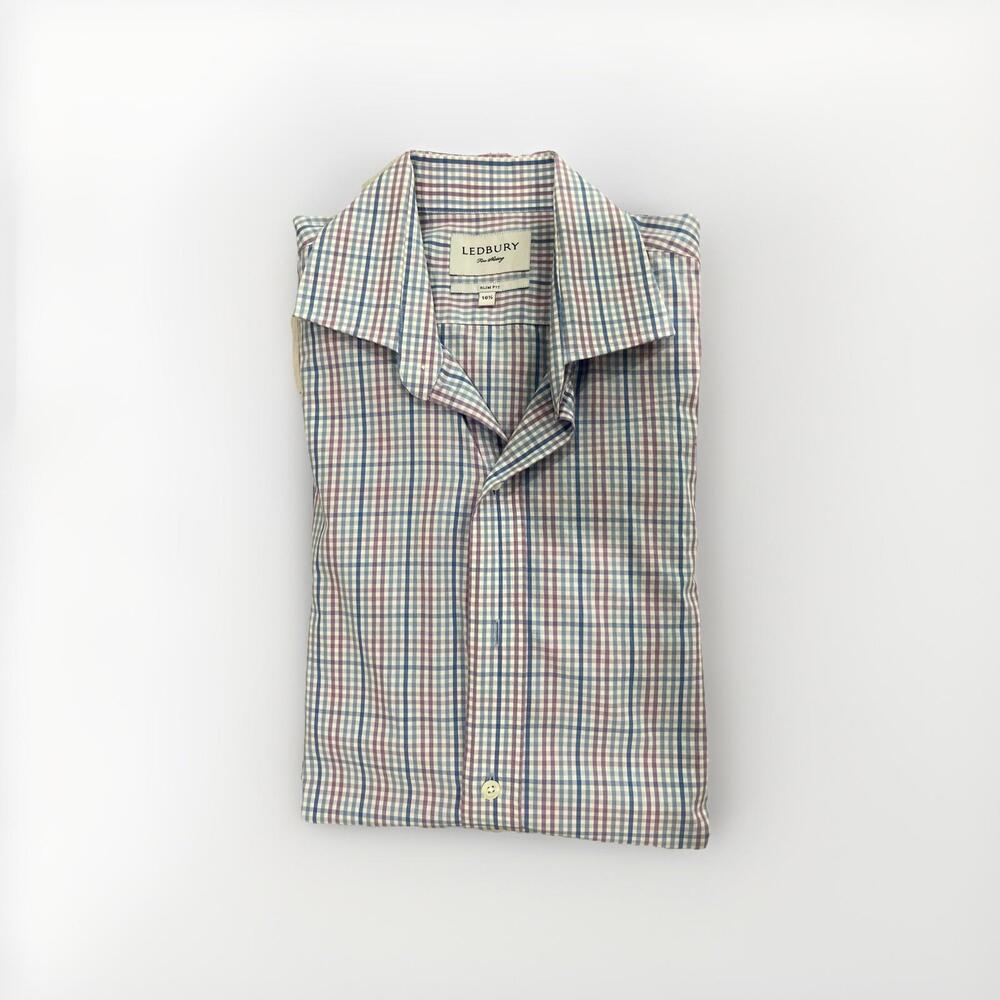 BEAUTIFUL LEDBURY MENS CASUAL BUTTON SHIRT 16.5 SLIM LARGE BLUE PURPLE VGC!